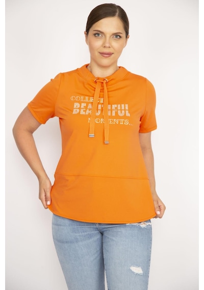 Şans Kadın Oranj Büyük Beden Yakası Kuşgözü Bağcık ve Taş Detaylı Sweatshirt-oranj Turuncu
