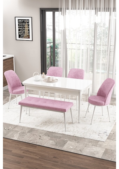 Canisa Concept Zen Serisi 80x132 Mdf Açılabilir Beyaz Masa Takımı 4 Pembe Sandalye Ve 1 Bench Masa Beyaz Sandalye Ve Bench Pembe
