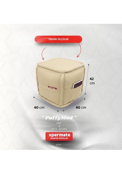 Dekoratif Kare Puf Orta Sehpa Ayak Uzatma Puf 40x40x42 Cm Puffymod Bej
