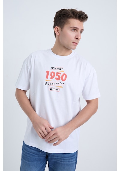 Erkek Oversize Baskılı T-shirt Beyaz 1950 Beyaz