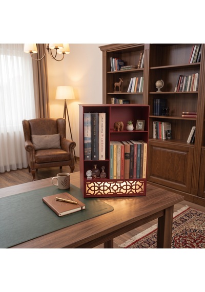 Işıklı Metal Masa Düzenleyici Masaüstü Kitaplık Minimalist Kitap Tutucu Kırmıızı