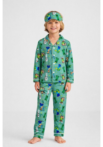 Beka Kids Desenli Uzun Kollu Önden Düğmeli Gömlek Yaka Erkek Çocuk Pijama Takımı Ve Göz Bandı Yeşil Beka Kids Desenli Uzun Kollu Önden Düğmeli Gömlek Yaka Erkek Çocuk Pijama Takımı Ve Göz Bandı Yeşil