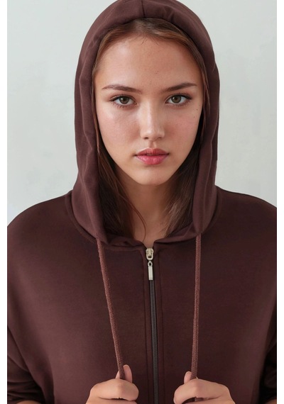 Hiccup Modal Touch Fermuarlı Kapşonlu Sweatshirt Kestane Kahvesi