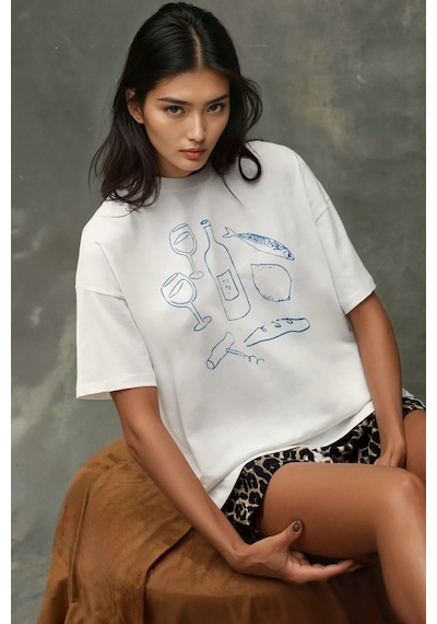 Hiccup Kadın %100 Pamuk Bisiklet Yaka Oversize Beyaz Baskılı T-shirt Tozlu Beyaz