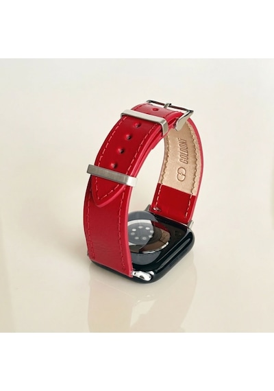 Goldoni Apple Watch Uyumlu Kırmızı İnce Gerçek Deri Kordonu Metal Köprülü
