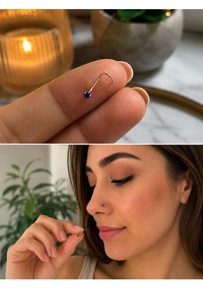 925 Ayar Gümüş Mavi Taşlı Burun Hızması Piercing Minimal L Şekilli Unisex Nose Stud Gri