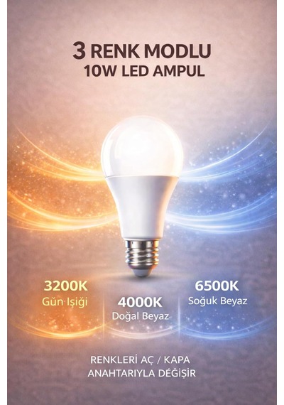 3 Renk Modlu 10w Led Ampul, E27 Duy, 3200k-4000k-6500k Diğer