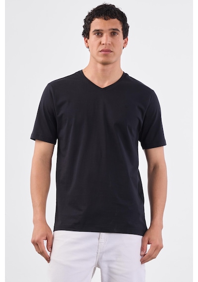 Dufy Siyah V Yaka Pamuklu Düz Renk Slim Fit Erkek T-shirt Siyah