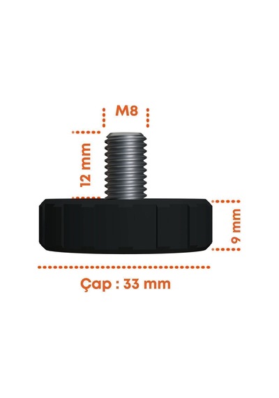 Çap 33 Mm Sıkma Baza Ayar Vidası Yükseltme Ayağı Tırtıllı M8 X 12 Mm 5 Adet Siyah 5'li Tr Adem Koç Renkli