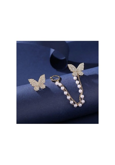 Lunarie Altın Zirkon Taşlı Kelebek İnci Zincir Ear Cuff Küpe