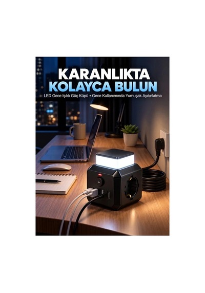Akım Korumalı 3 Lü Priz 2200w 1050j 10a Gece Lambalı 2 Usb 2 Type-c Şarj Girişli Bsp-4 0
