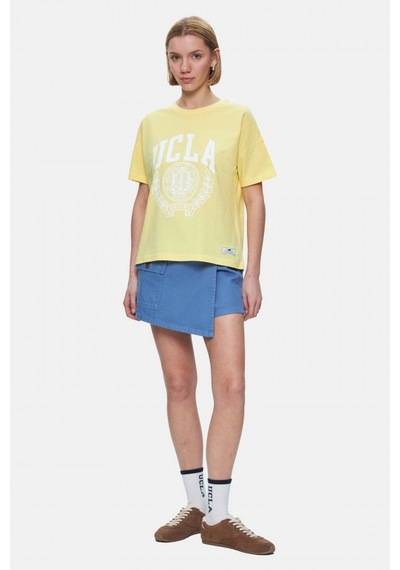 Avalon Açık Sarı Bisiklet Yaka Baskılı Oversize Kadın Tshirt Açık Sarı