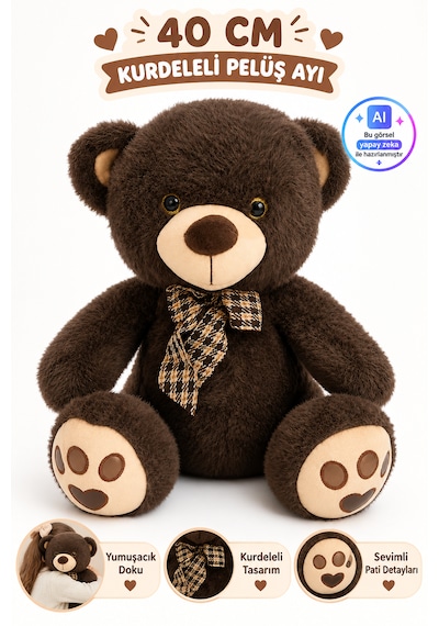 40cm Kurdeleli Pelüş Ayı Yumuşak Dokulu Kalp Pati Detaylı Sevimli Oyuncak Peluş Ayıcık Acı Kahverengi