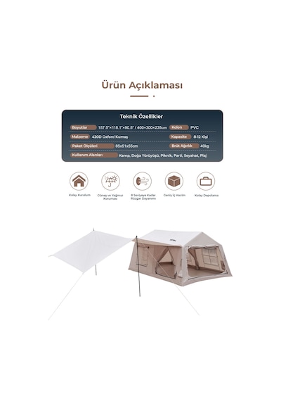 12 Kişilik 12x 12 M² Tenteli Gölgelikli, 4 Mevsim, Su Geçirmez 420d Oxford Kumaşlı Şişme Çadır 400 300 235cm Bej