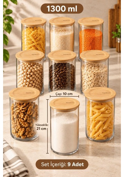 Bambum Duo 9'lu Bambu Kapaklı Cam Erzak Kavanozu Seti 1300 Ml - Vakumlu Kiler Bakliyat Ve Baharat Saklama Kabı Ahşap - Şeffaf