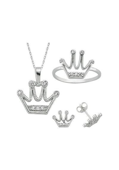 Kral Tacı Taşlı Kolye Küpe Yüzük Kadın Üçlü Gümüş Set Yst15