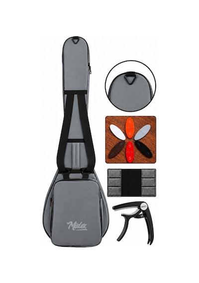 Midex CS-122 Uzun Sap Saz Bağlama Gigbag Çantası Kılıfı Kalın Soft Case (Kapo + 6 Adet Mızrap + Mızrap Cüzdanı)