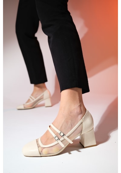 Luvishoes Scots Krem Kadın Kalın Topuklu Ayakkabı Krem