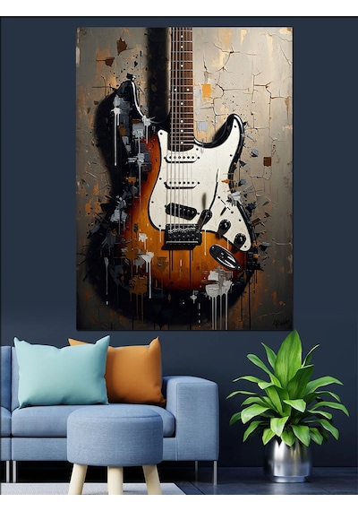 Ahşap Tablo Teknik Çizimli Elektro Gitar Çocuk Odası Tabloları