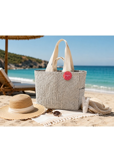 Faralya Life Çıtçıtlı Çift Saplı Kısa Ve Uzun Sap Lacivert Çizgili %70 Pamuk %30 Polyester Çift Cepli 50 42 Ölçüde Omuz Çantası Çok Amaçlı Kadın Çanta Plaj Çantası
