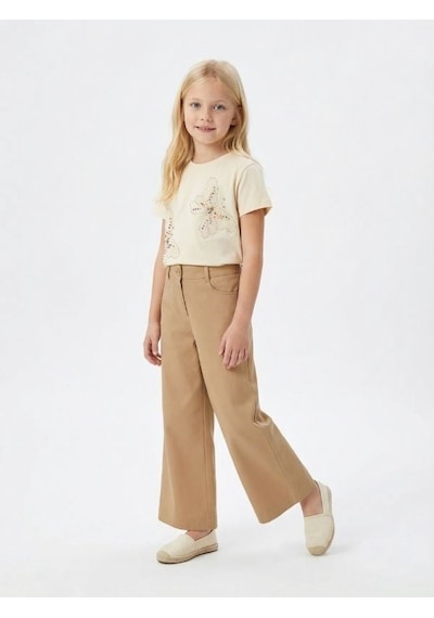 Zekids Kız Çocuk Bol Paça Modal Kumaş Tasarım Pantolon-17149 Bej