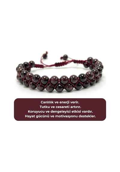 Sertifikalı Granat Lal Çift Sıra Doğal Taş Makrome Bileklik Ayarlanabilir Ölçü Bordo