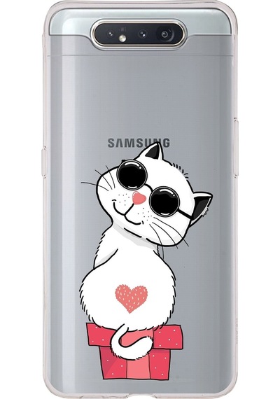 Samsung Galaxy A80 Uyumlu Kapak Cool Cat Tasarımlı Şeffaf Silikon Kılıf Şeffaf