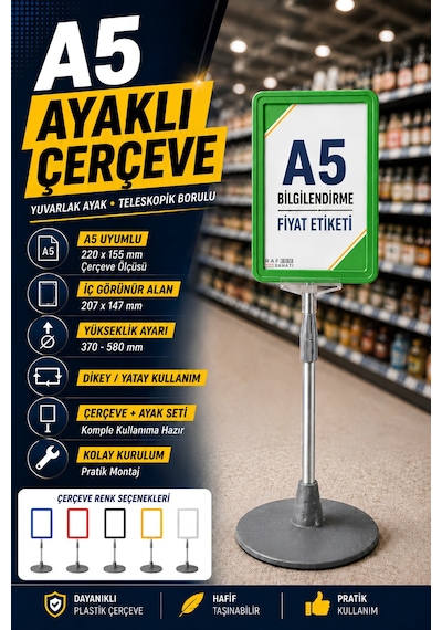 A5 Ayaklı Menü Ve Fiyat Bilgi Standı Yuvarlak Tabanlı Teleskopik Çerçeve Etiketlik Yeşil