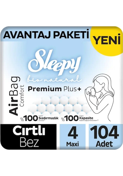 Sleepy Bio Natural Premium Plus Airbag Comfort Avantaj Paketi Bebek Bezi 4 Numara Maxi 104 Adet