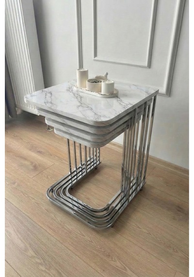 4 Lü Metal Ayak Sehpa Mermer Desenli Çok Renkli