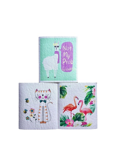 Swedish Dishcloth Isveç Bezi Flamingo-lama-kedi Desenleri 3'lu Paket, Sürdürülebilir, Tekrar Kullanılabilir, Tüm Yüzeylere Uygulanabilir, Makinede Yıkanabilir Belirtilmemiş
