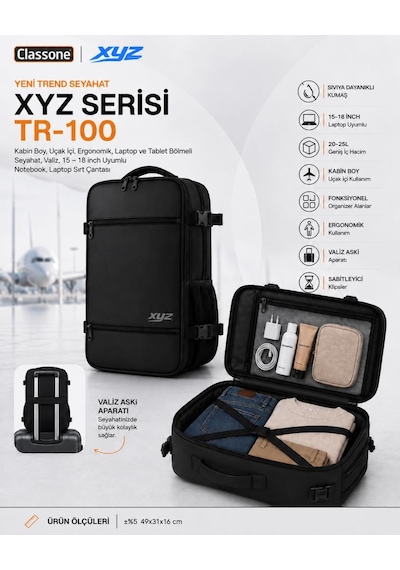 Classone Xyz Serisi Tr-100 Kabin Boy ,uçak İçi , Ergonomik, Laptop Ve Tablet Bölmeli, Seyahat, Valiz, 15 -18 İnch Uyumlu Notebook, Laptop Sırt Çantası Siyah