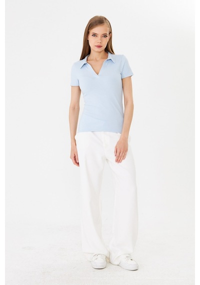 Hdm Kadın Mavi Polo Yaka Fitilli Günlük Bluz - H6038