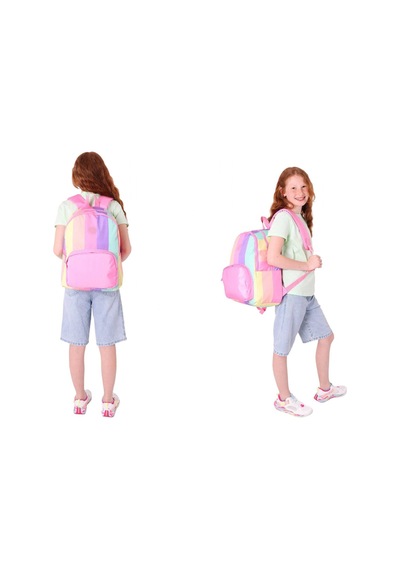 Kaukko Çizgili Pembe Çok Renkli Kız Çocuk Okul Çantası Ve Kalemlik Seti Kk - K1802+kk - K2713 Pembe - Çok Renkli