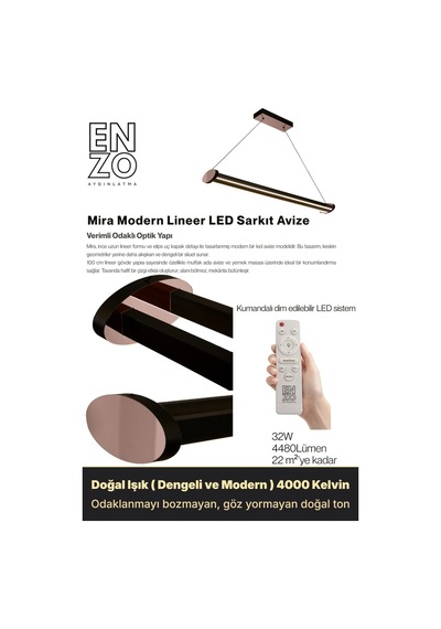 Mira Rose Gold Lineer Led Sarkıt Avize Kumandalı Dim Edilebilir Aşağı Işık Doğal Işık
