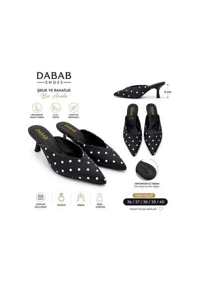 Dabab Shoes Sevılla Puantiye Desenli Siyah Saten Sivri Burunlu 5 Cm İnce Topuklu Mule Terlik