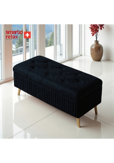 Smarto Relax Swiss Style Puf , Appenzell Kapitone Sandıklı Puf, Babyface Kaplama, 100x40x45 Cm, Ahşap Ayaklı ,sandıklı Dekoratif Puf Siyah