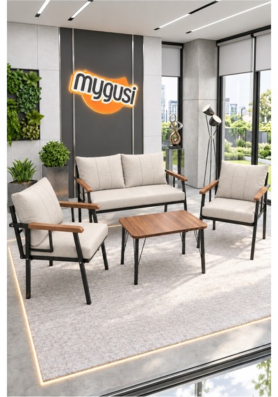 Mygusi Erva Serisi Balkon, Bahçe, Cafe - Metal Kanepe Koltuk Takımı - 211 40 70 Sehpalı - Krem