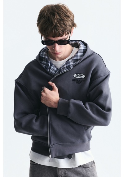 Vamos Boxy Fit Fermuarlı Kapüşonlu Sweatshirt V70-245 Füme
