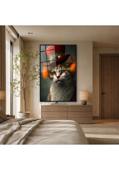 Şapkalı Kedi Portresi Siyah Çerçeveli Cam Tablo