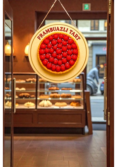 Frambuazlı Tart Temalı İpli Ahşap Kapı Duvar Süsü, Pastane, Tatlı Dükkanı, Cafe Tablo Dekoru