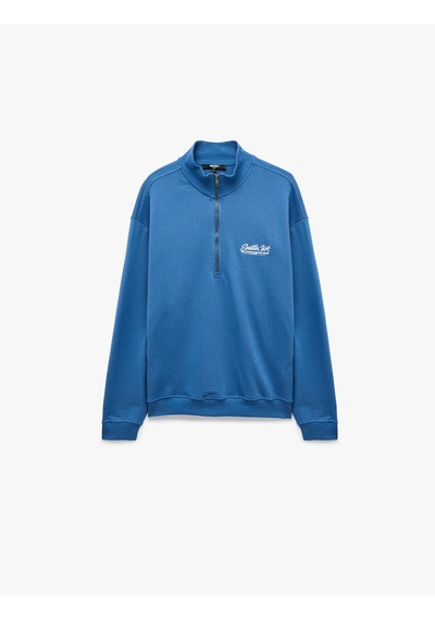Koton Pamuklu Regular Fit Nakışlı Uzun Kollu Yarım Fermuarlı Sweatshirt Mavi 7wam70131mk