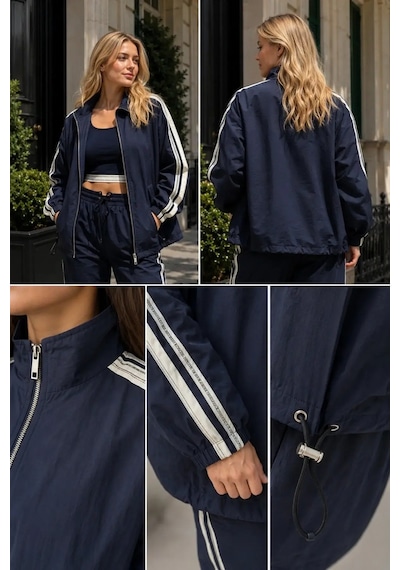Kadın Lacivert Spor Takım Şerit Detaylı Crop, Oversize Ceket Ve Lastikli Bağcıklı Pantolon - 2322 M