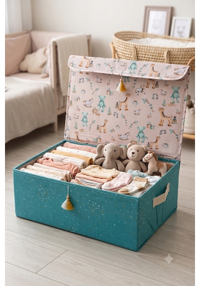 Bebek Kapaklı Saklama Kutusu Kulplu Oyuncak Ve Kıyafet Düzenleyici Çocuk Odası 50x38x19 Cm Mavi