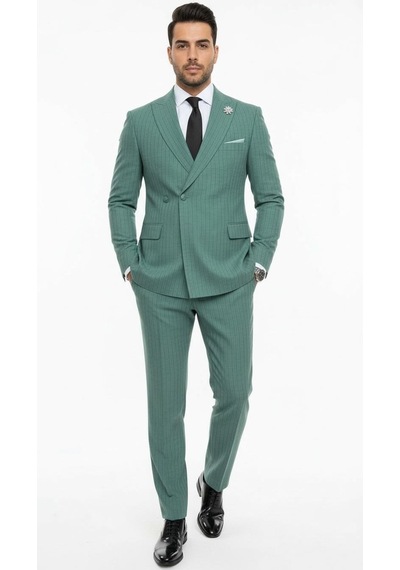 Erkek Slim Fit Çizgili Takım Elbise 2 Top Düğmeli, Çift Yırtmaçlı Modern Kesim Yeşil