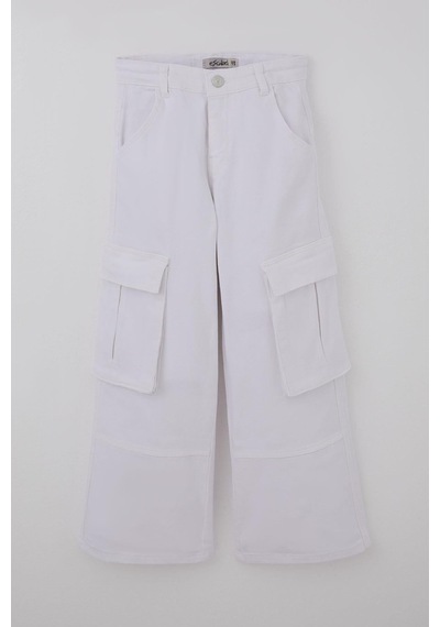 Escabel Kız Çocuk Gabardin Pantolon Kargo Cep Detaylı 5-9 Yaş, Beyaz