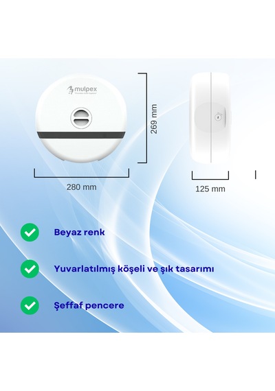 Mulpex Duvara Monte Mini Jumbo Tuvalet Kağıdı Dispenseri Abs Gövde, Kilitli, Vidalı & Yapışkan Montaj Beyaz Beyaz