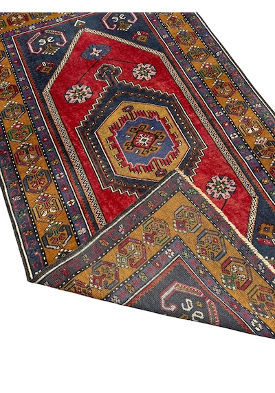 El Dokuma Eskitme İnce Yahyalı 101x175 Kırmızı Lacivert Yün Halı Kırmızı