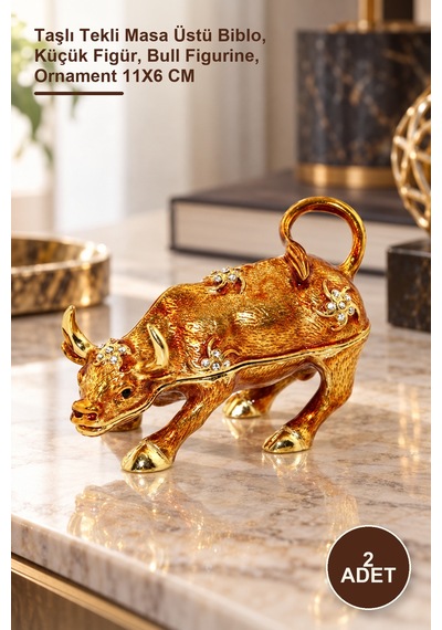 2 Adet Dekoratif Boğa Figürü Taşlı Tekli Masa Üstü Biblo, Küçük Figür, Bull Figurine, Ornament 11x6 Cm