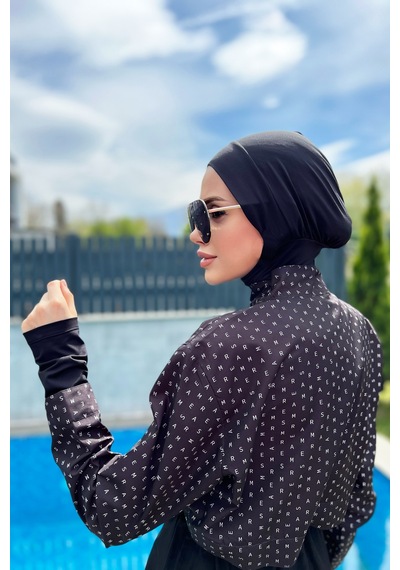 Remsa Paraşüt Önü Kapaklı Tam Kapalı Tesettür Mayo R045 Siyah Monogram Siyah